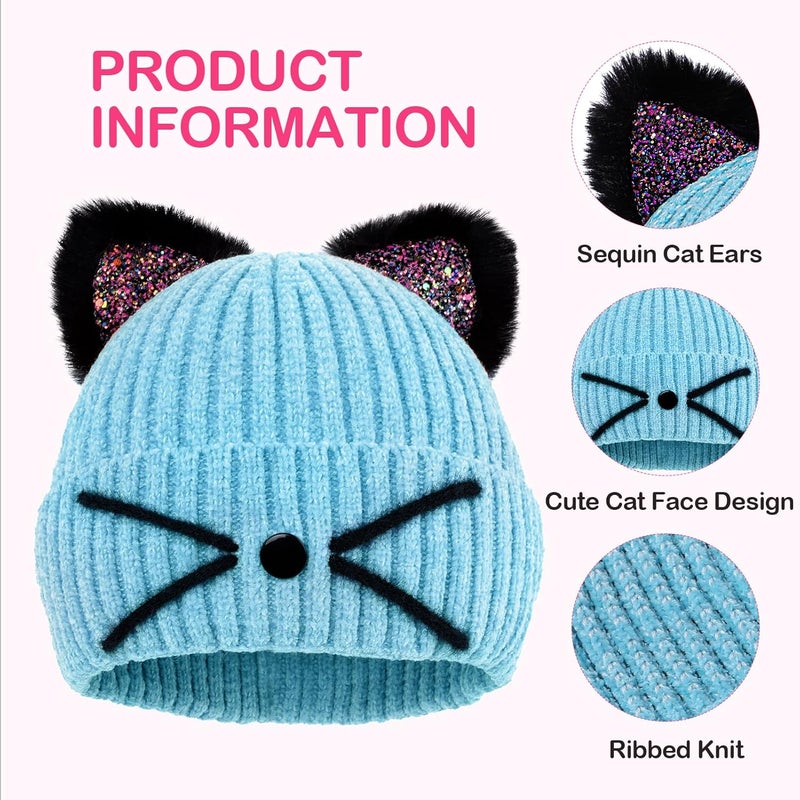 ACTLATI Little Girls Sequin Cat Ears Hats Cute Warm Knit Beanie Hat for Kids Winter Outdoor Snow Ski Skull Cap 3-8 Years - Image 4